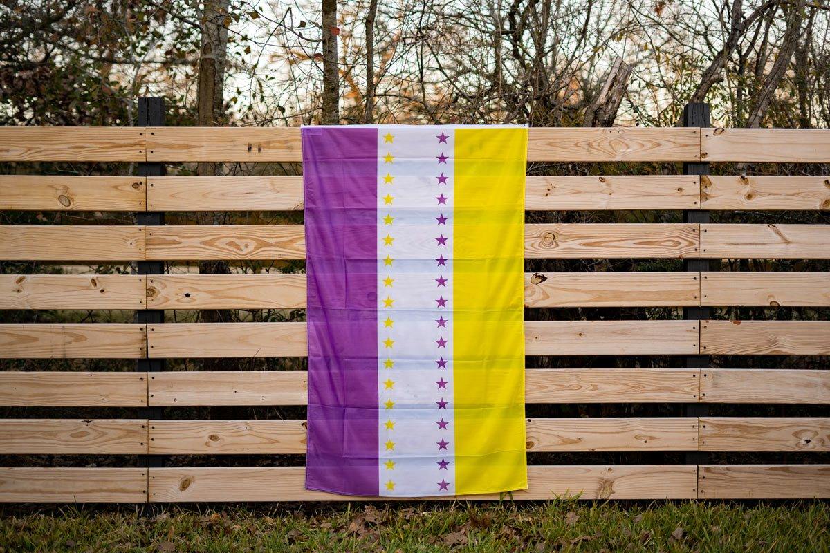 19th Amendment Victory flag displayed on a fence outdoors