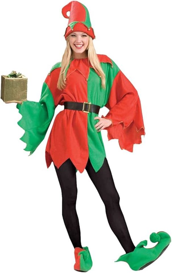 Santa's Helper Elf costume — hat, collar, top, belt, and elf booties included