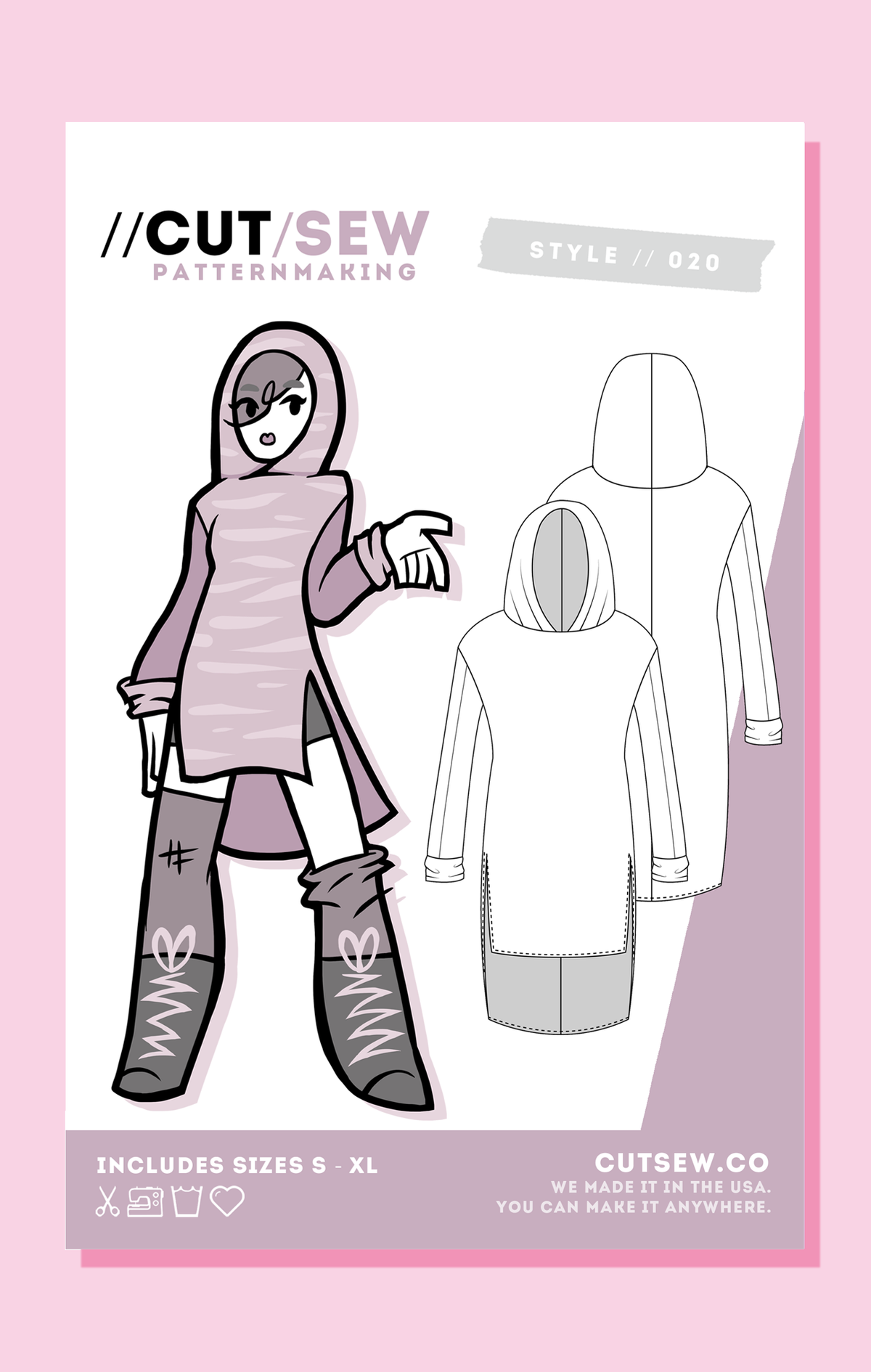 020 Tunic + Hood — front view technical flat with two-piece sleeves