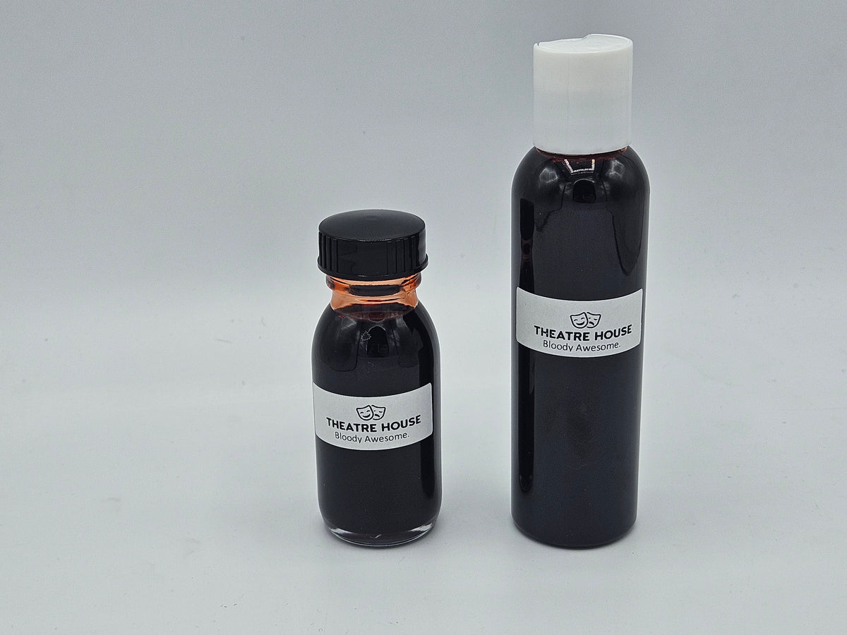 Theatre House Stage Blood — packaged 2oz glass and 4oz plastic bottles