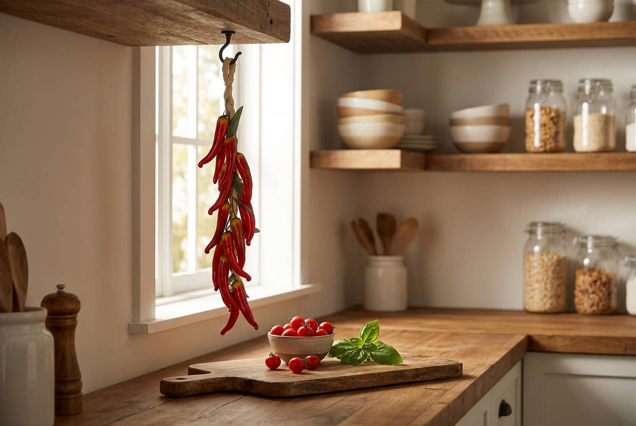 Faux chili pepper braid — in-use view showing hanging display in kitchen setting