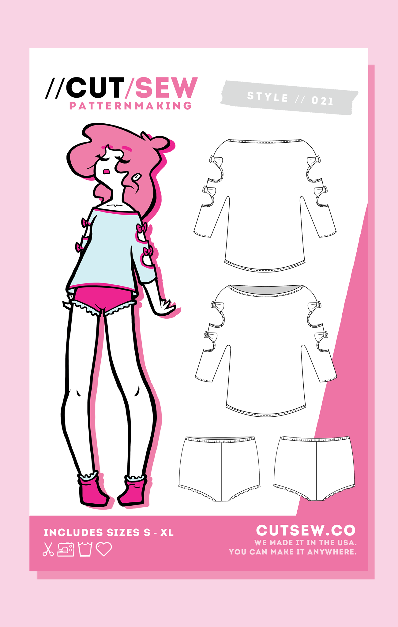 Bow & Lace pattern 021 — front technical flat of shirt and shorts
