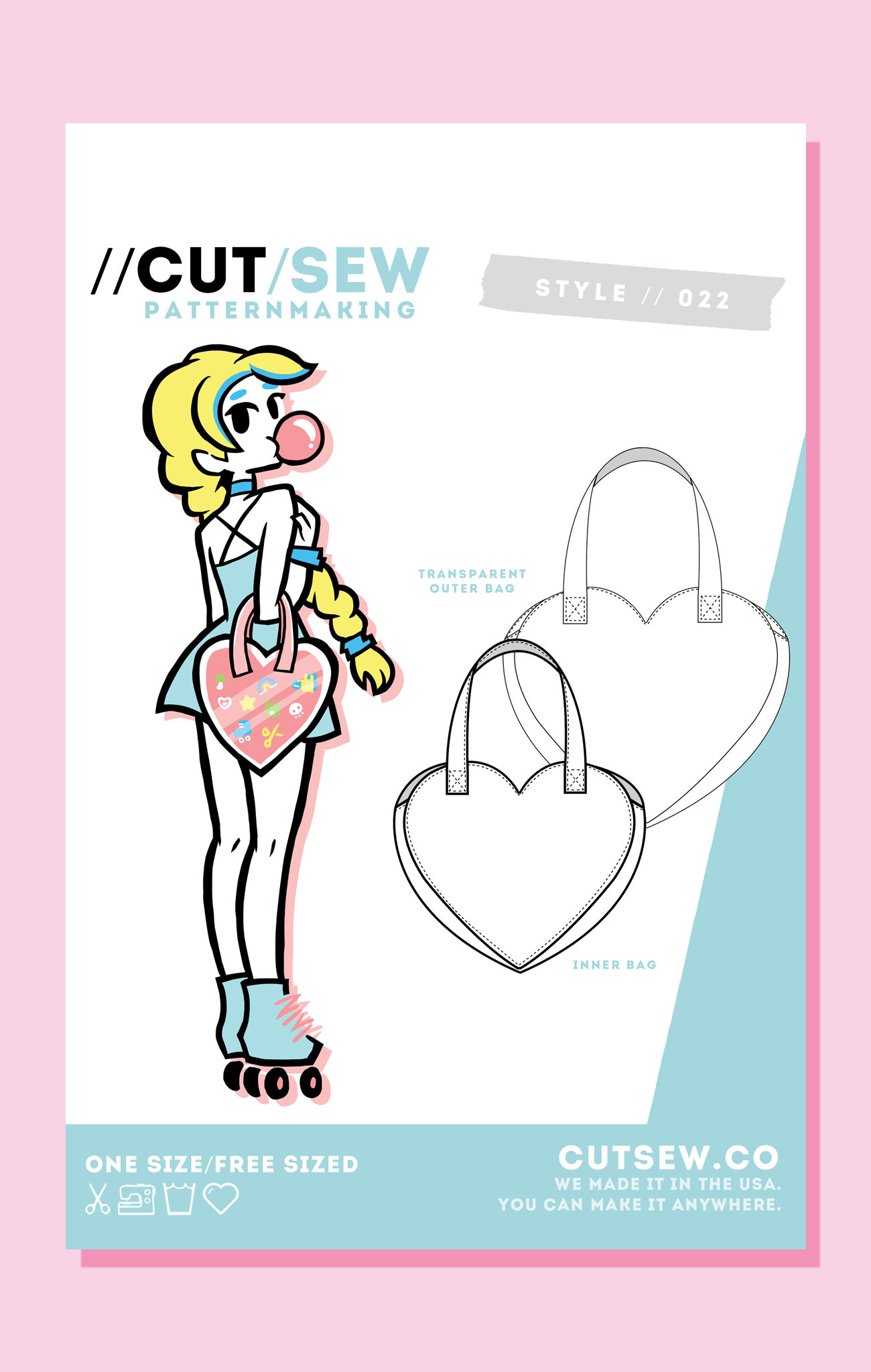 022 Ita Bag — front view technical flat of heart-shaped bag construction