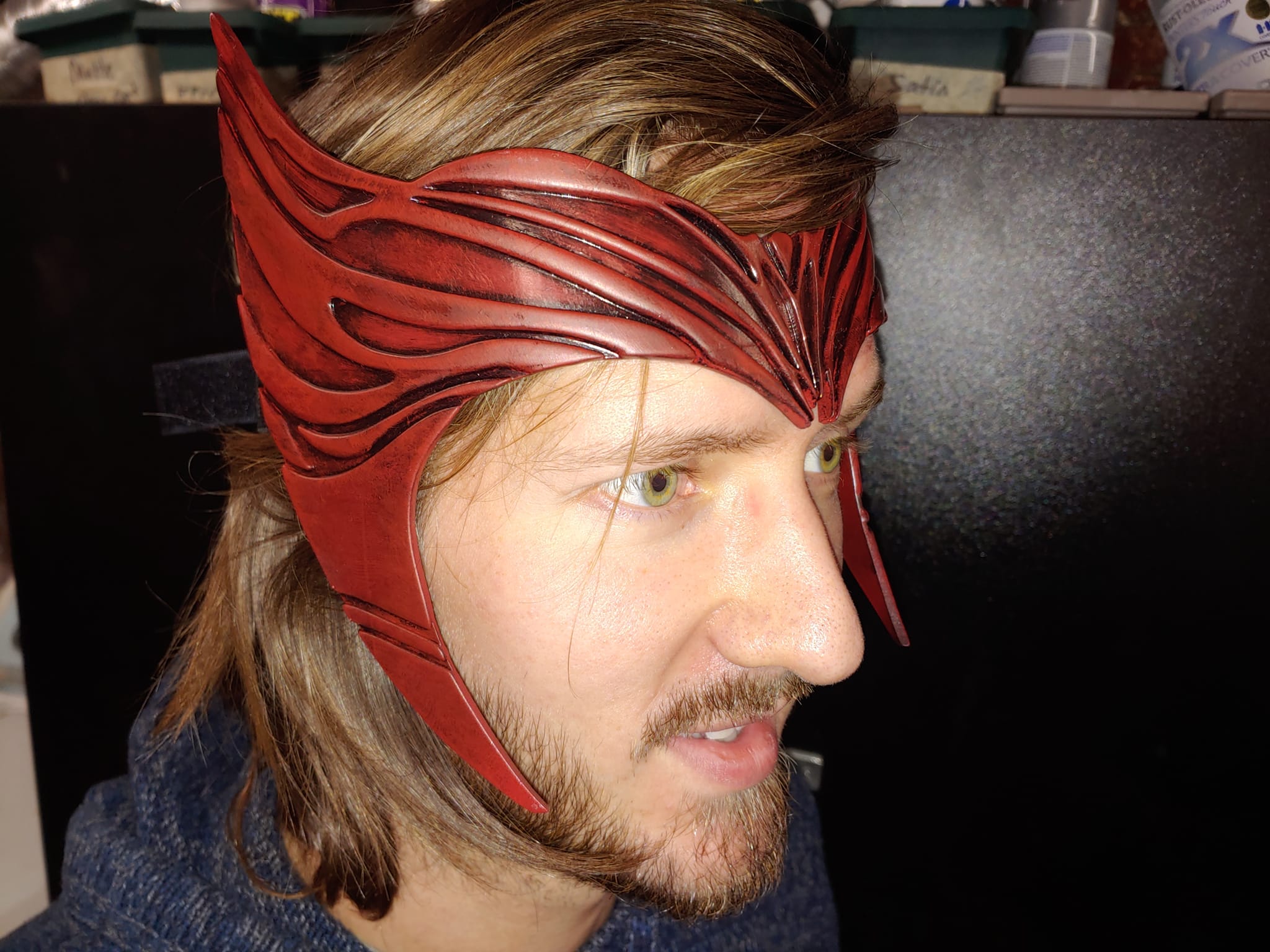 Chaos Witch Headpiece — worn on model showing fit and scale