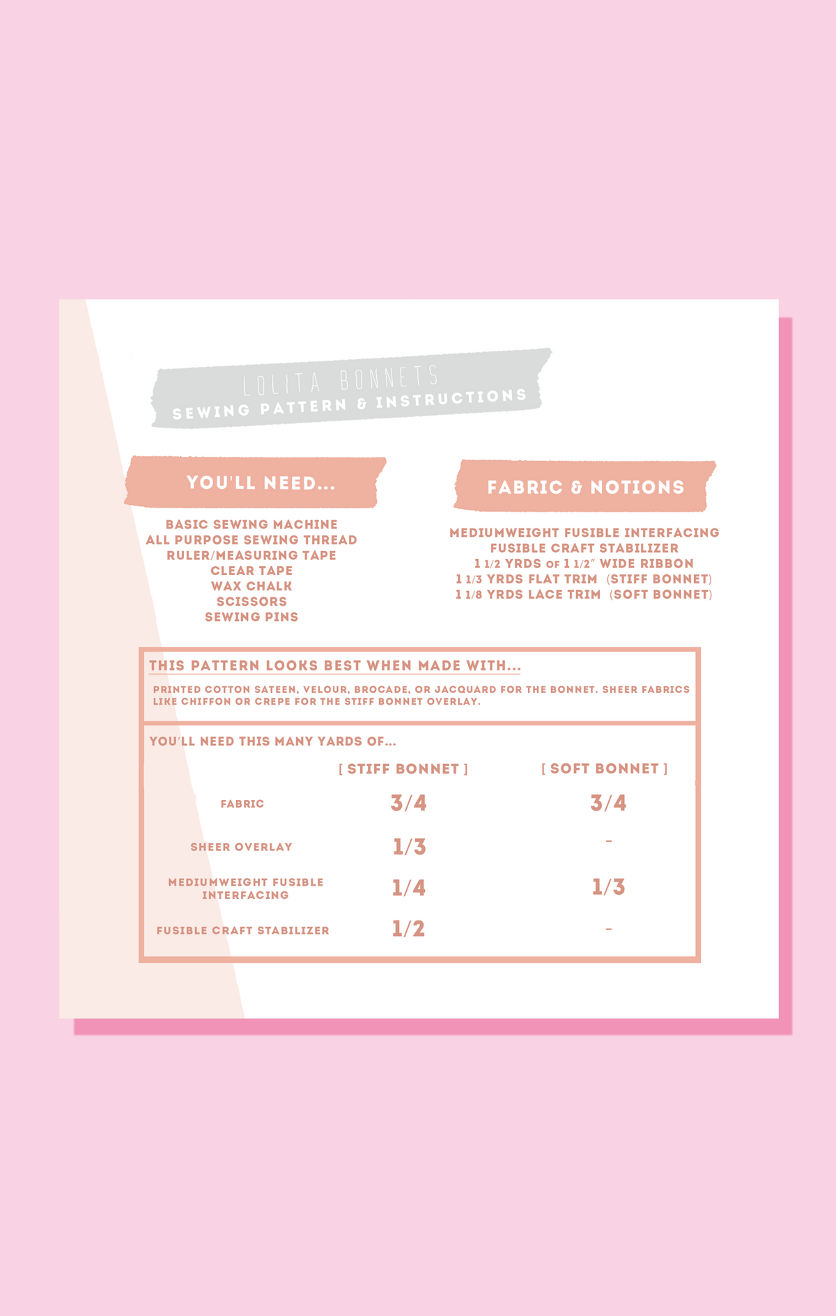 025 Lolita Bonnets — pattern back with sizing and material details