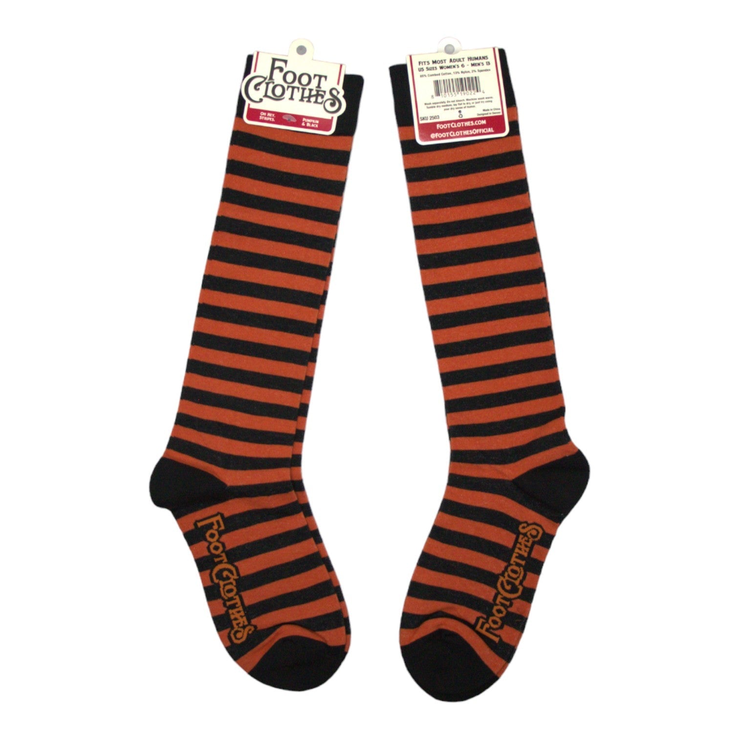 Pumpkin orange and black striped knee high socks — retail packaging