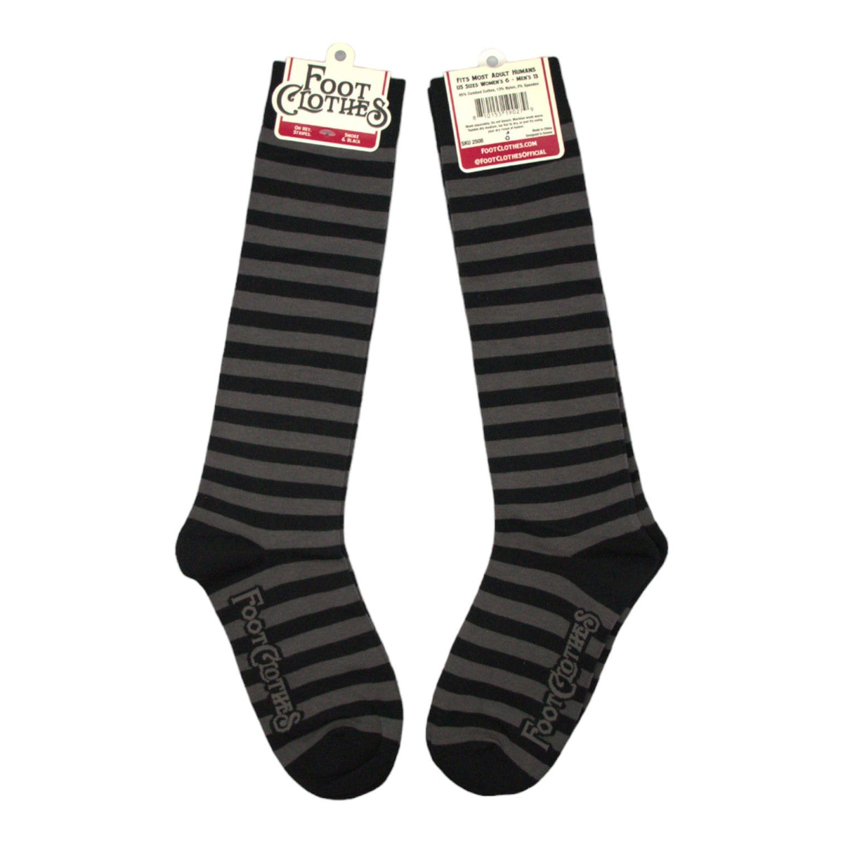Smoke grey and black striped knee high socks — retail packaging