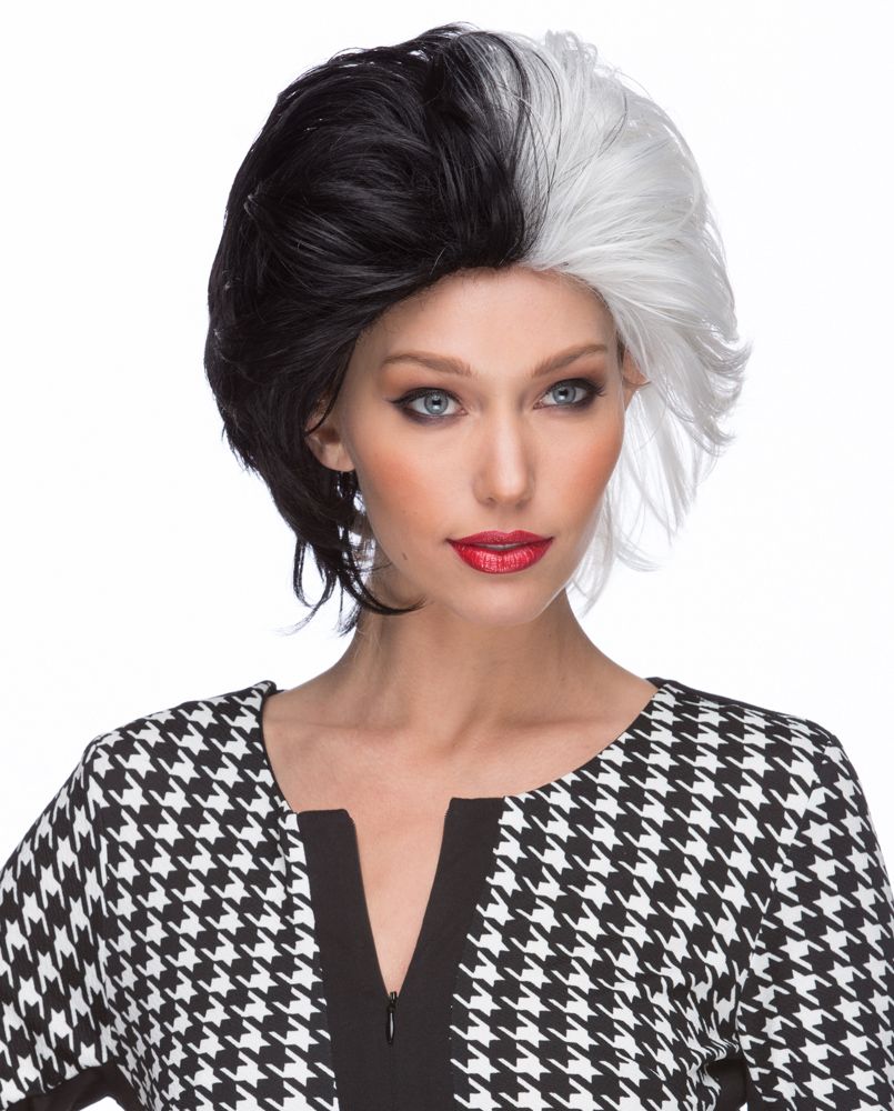 Cruella de Vil wicked wig — black and white two-tone dramatic style