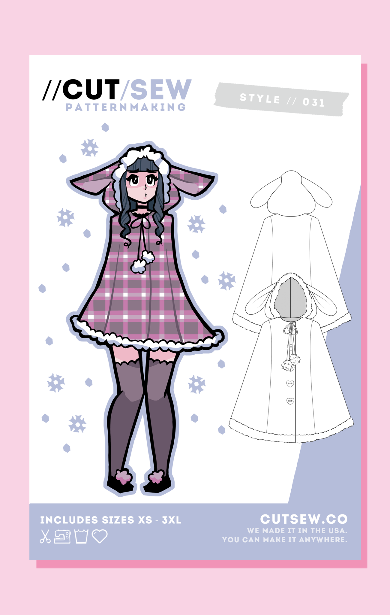 031 Winter Cloak — pattern front with sizing and construction details
