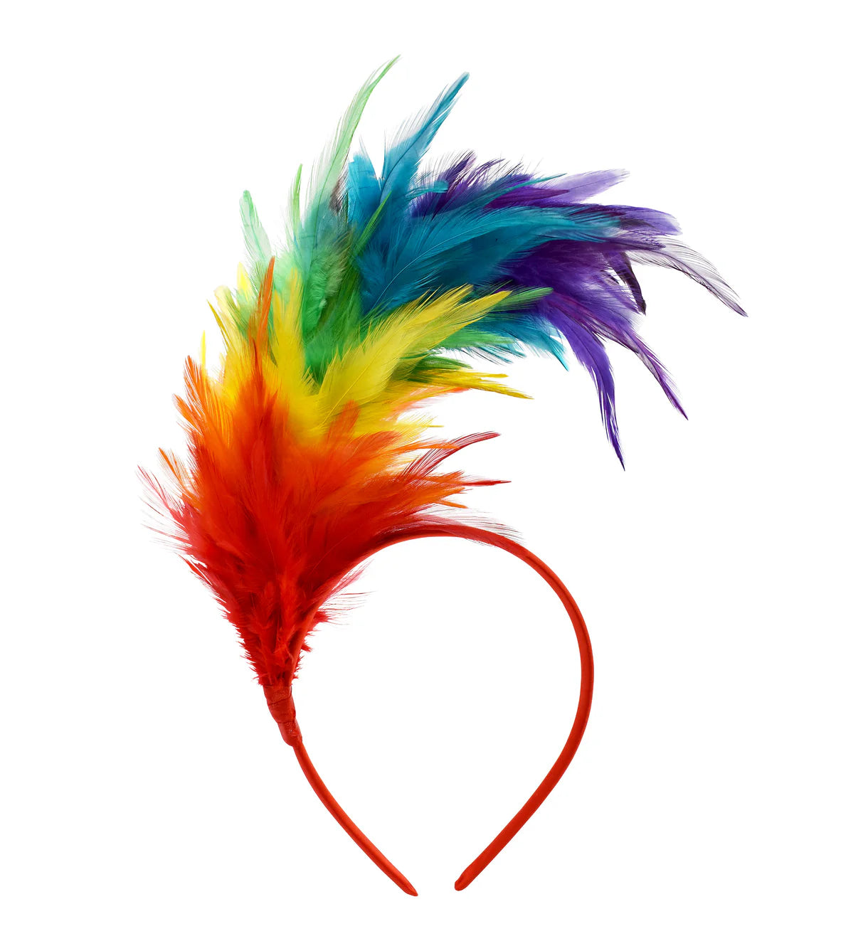 Rainbow feather headband — tiered red, orange, yellow, teal, indigo, purple feathers, 1920s flapper style