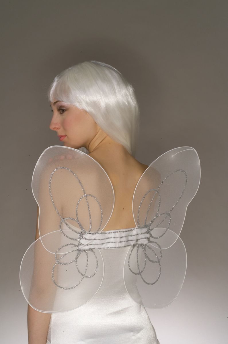 Chiffon angel wings — sheer white with silver glitter trim, 20"W x 18"H