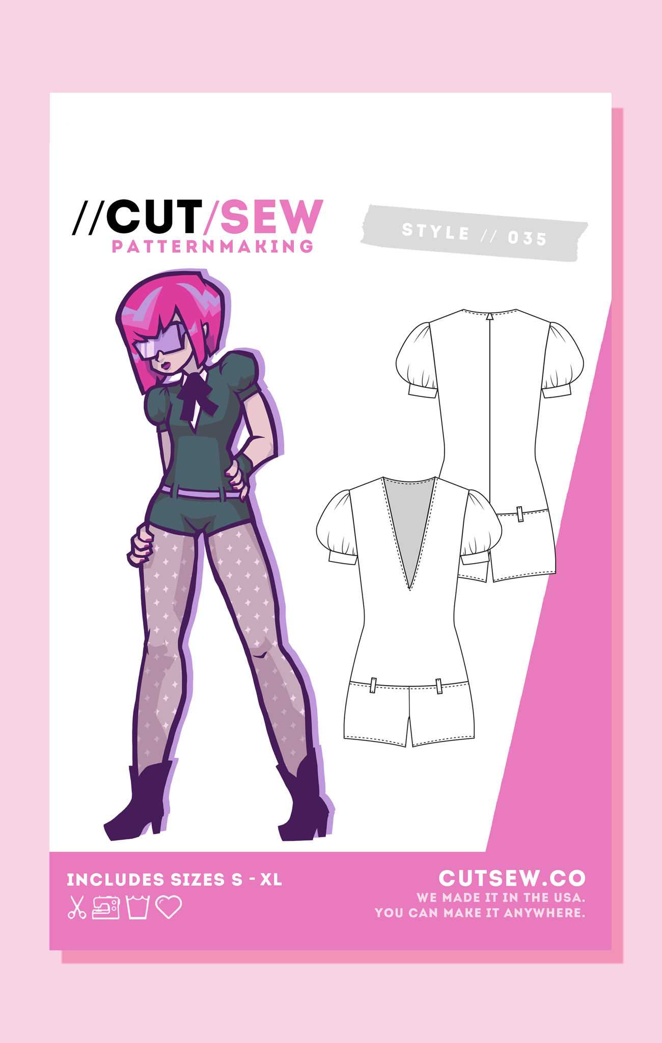 035 Moonstone bodysuit — front view technical flat with cap sleeves and dance shorts
