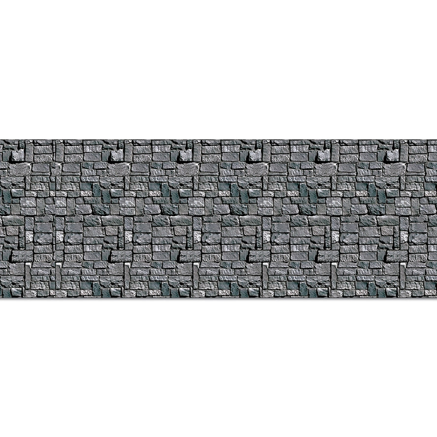 Stone wall backdrop — full-length view showing scale and coverage of 30 ft panel