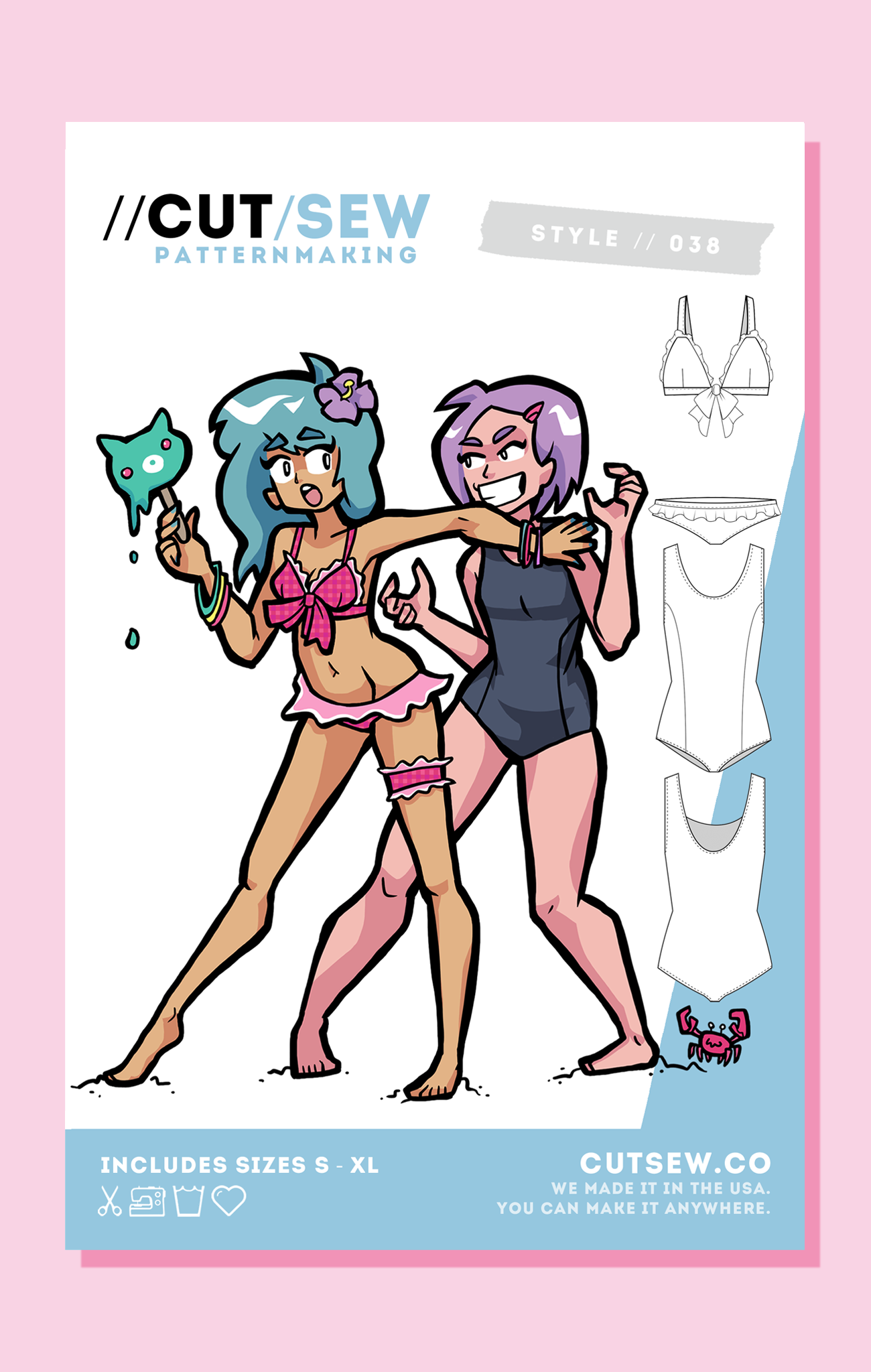 Sukumizu pattern 038 — front technical flat of both swimsuit styles