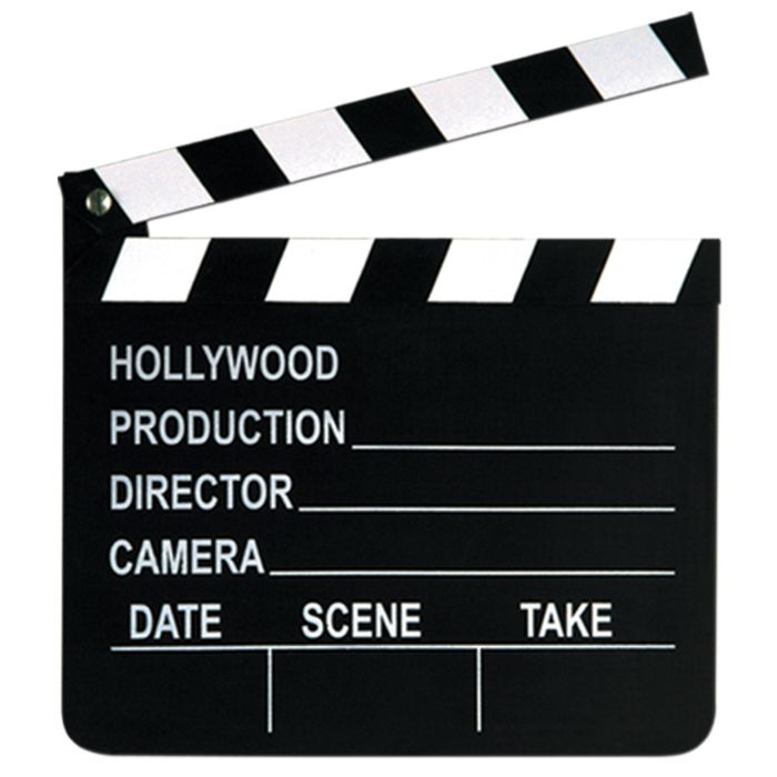 Movie set clapboard prop — wood frame, black and white stripes, chalk-writable surface