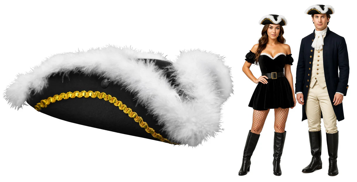 Adult Black Tricorn Pirate Hat w Faux Feather Trim