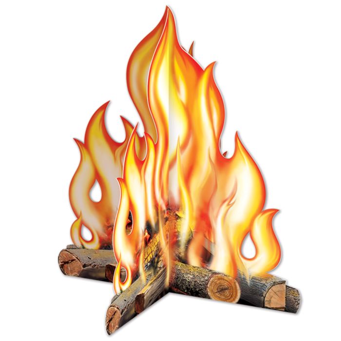 3-D campfire centerpiece — packaged view, heavy-duty card stock, minimal assembly