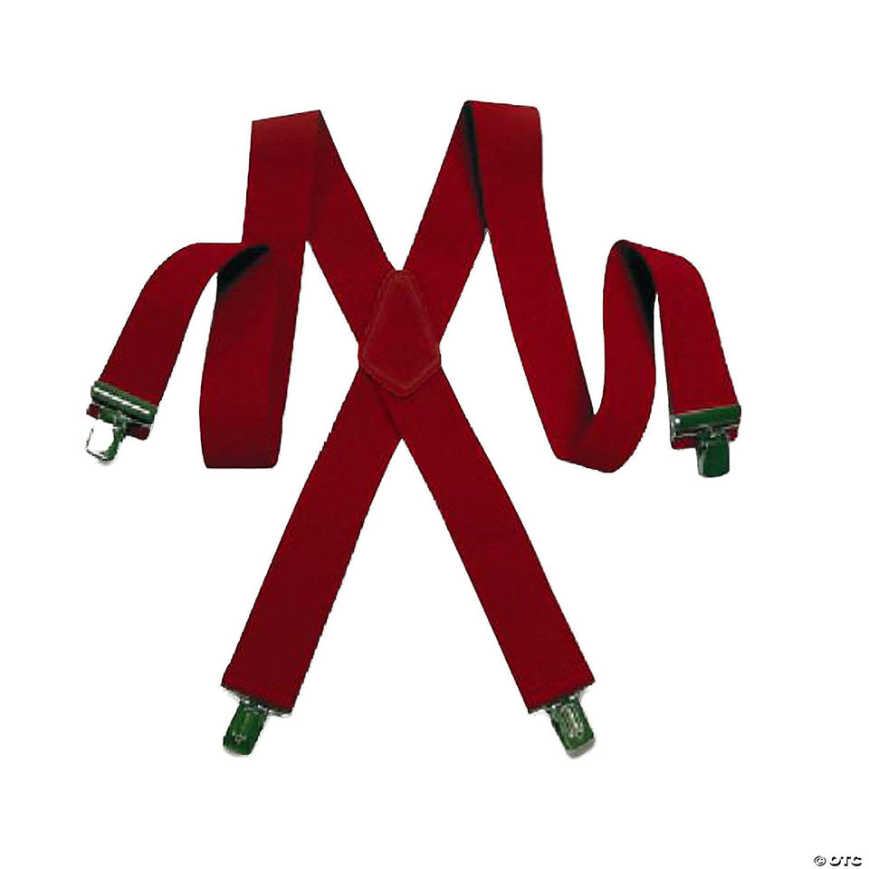 Heavy Duty Red Santa Suspenders — worn on model, showing width and clip detail