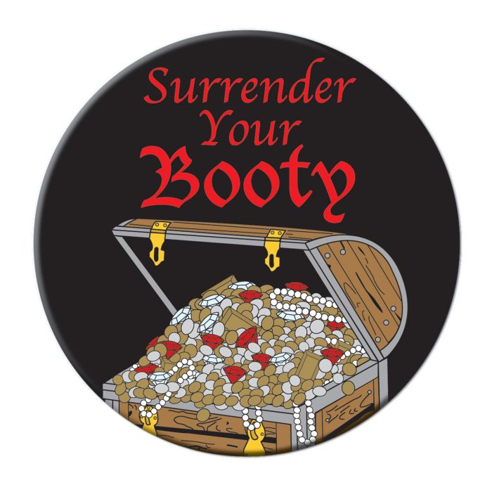 Surrender Your Booty pinback button — pirate-themed wearable pin