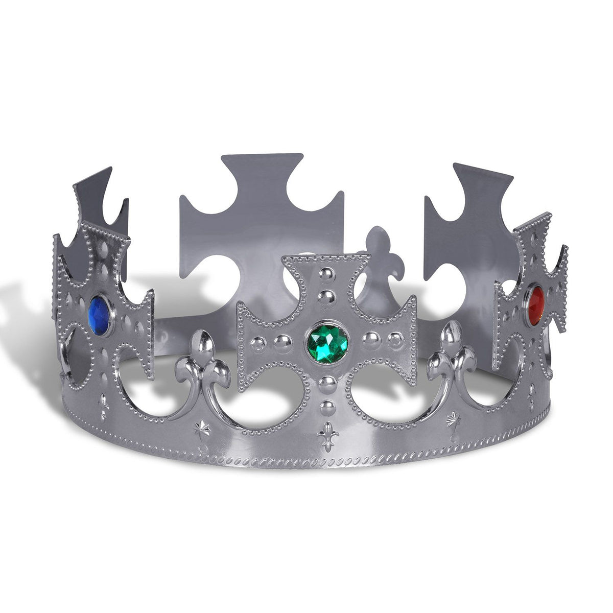 Plastic jeweled king crown — silver, malleable with colorful gems