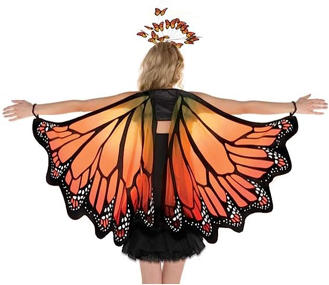 Monarch butterfly wings costume — 24.5"×53" one-piece polyester, black orange and white pattern