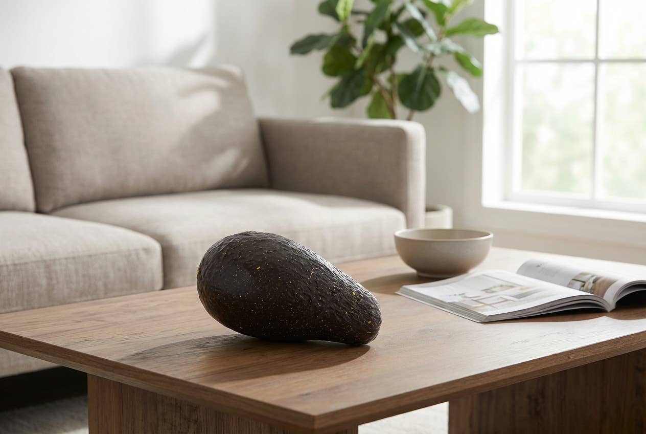 Faux avocado styled in decorative bowl display showing lifelike size and proportion