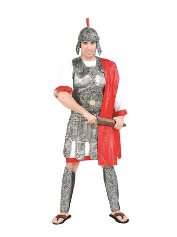 Men's 5pc silver gladiator armour set — latex helmet, chest armor, belt, 2 ankle guards