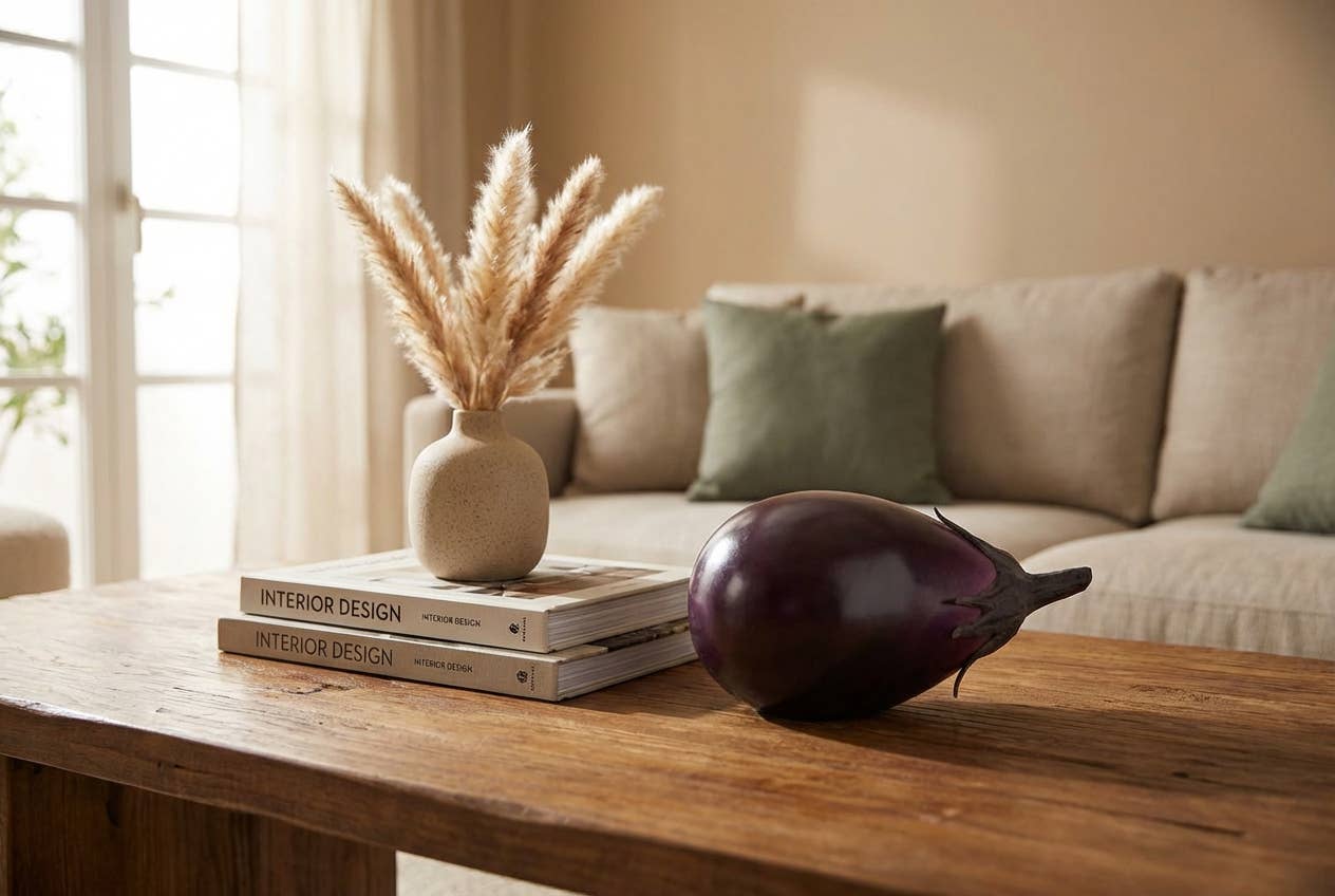 Faux eggplant — styled in decorative bowl with other faux produce props