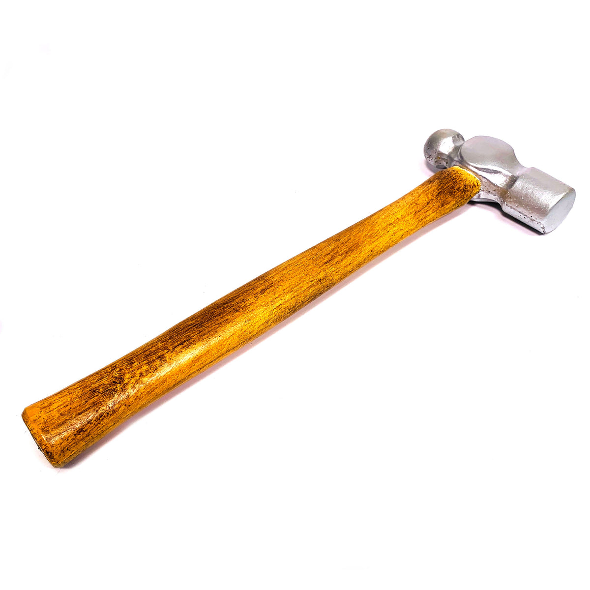 Foam rubber ball-peen hammer stunt prop — all 3 variants: silver, rusty, and bloodied