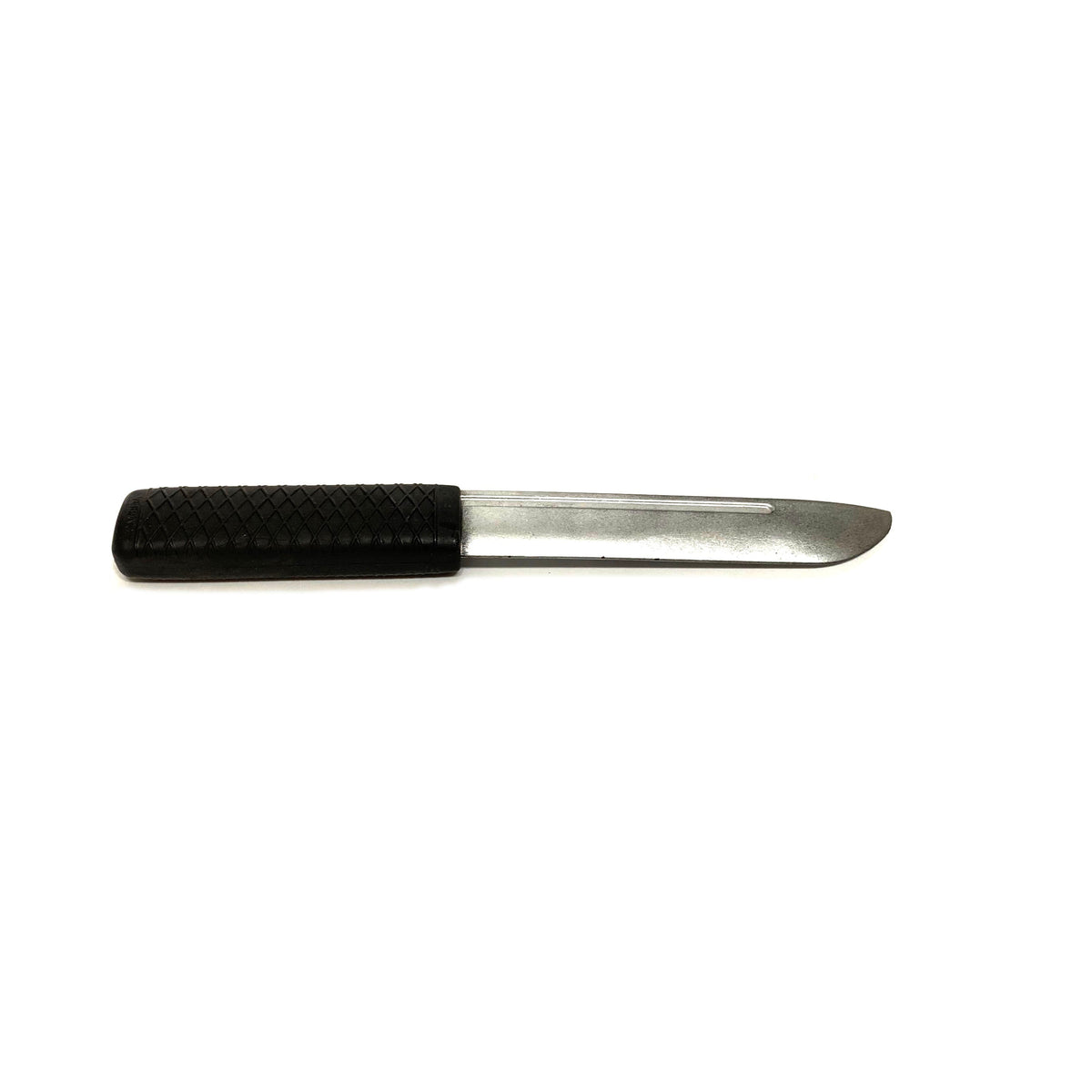 Rubber knife prop — close-up of blade and black handle grip area