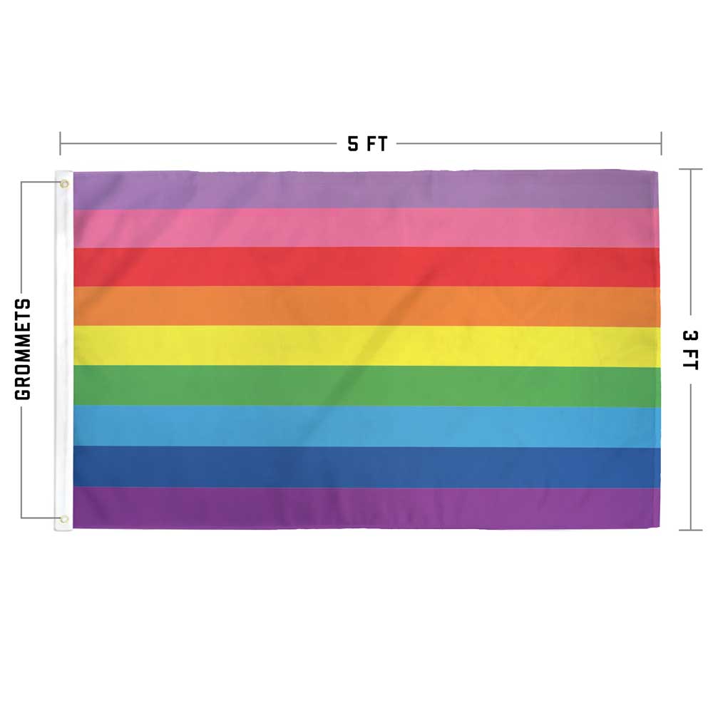 9-Stripe Gilbert Baker Rainbow Pride flag specs — size and construction details diagram