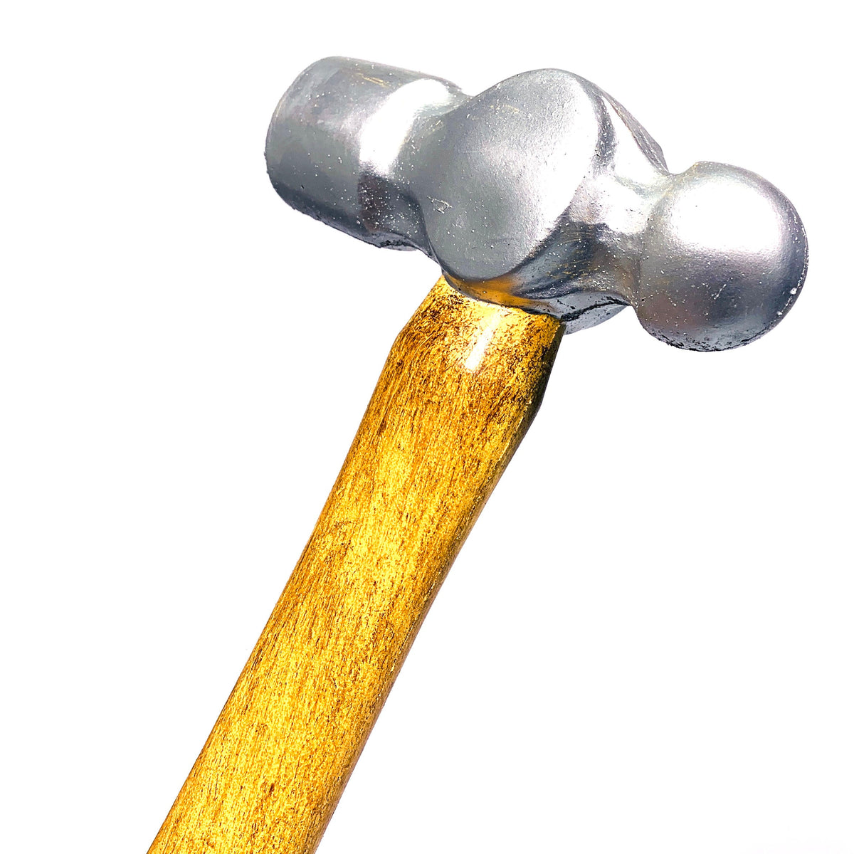 Foam rubber ball-peen hammer — close-up of flat head and round peen, silver finish