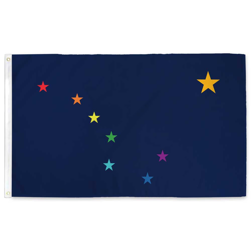 Rainbow Alaska state flag — Big Dipper constellation in rainbow-colored stars, double-stitched with grommets