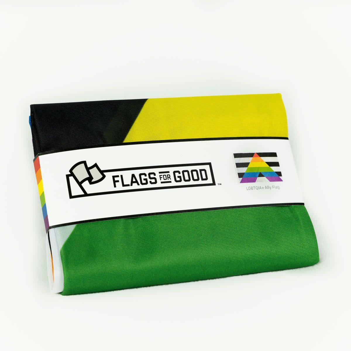 LGBTQ Ally flag folded, showing packaging and grommets