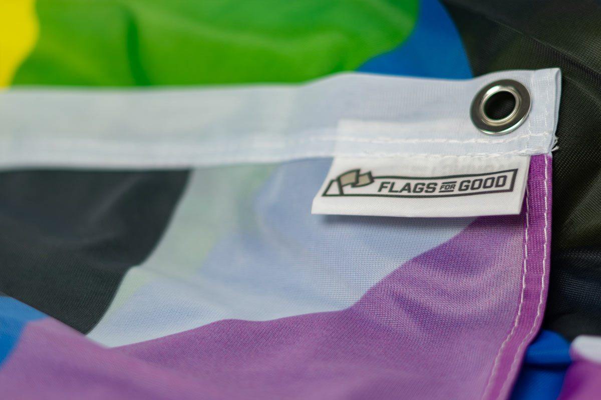 LGBTQ Ally flag product tag with care and material details