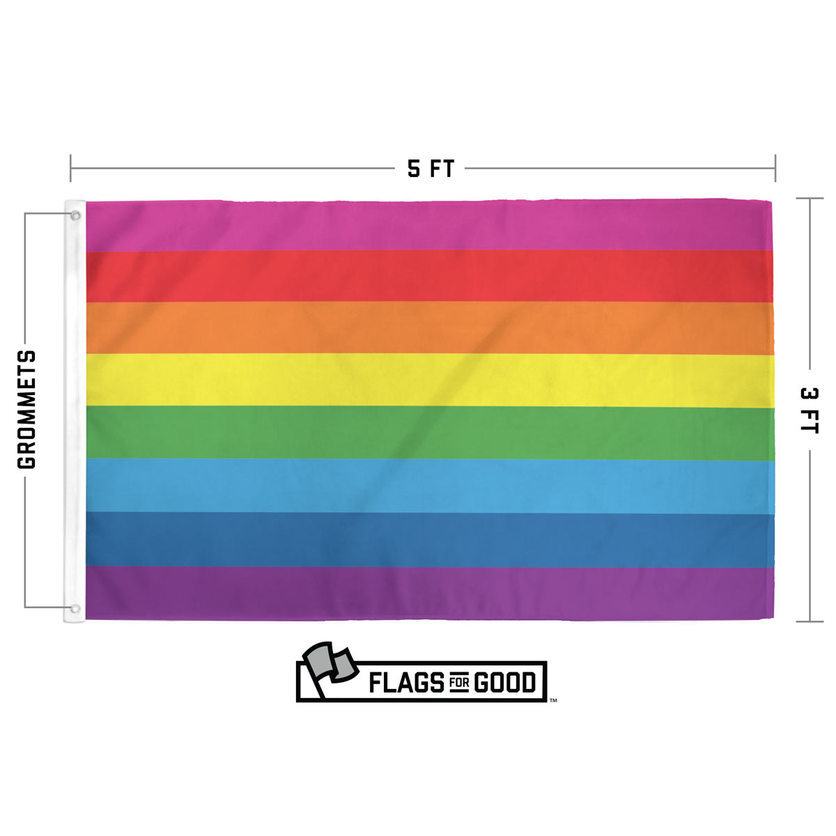 Gilbert Baker 8-stripe Pride flag specs — size, grommet, and canvas header details