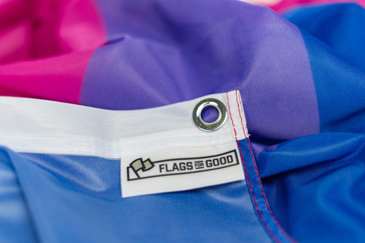 Bisexual Pride flag tag detail showing brand and product information