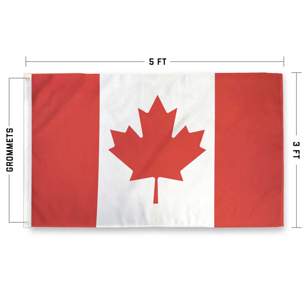 Canada Flag specs — size, grommet, and double-stitched edge details