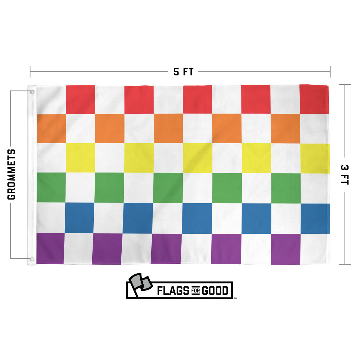 Checkered Pride Flag size and spec chart with dimensions and construction details