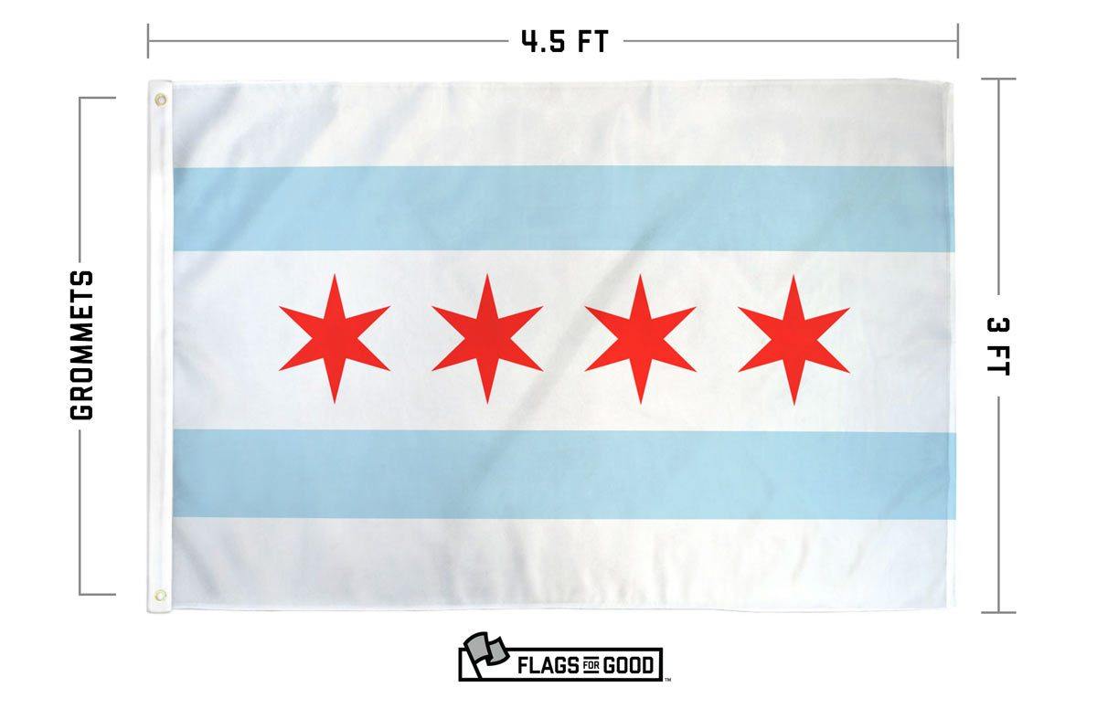 Chicago Flag size and spec chart comparing 2×3 ft and 3×5 ft options