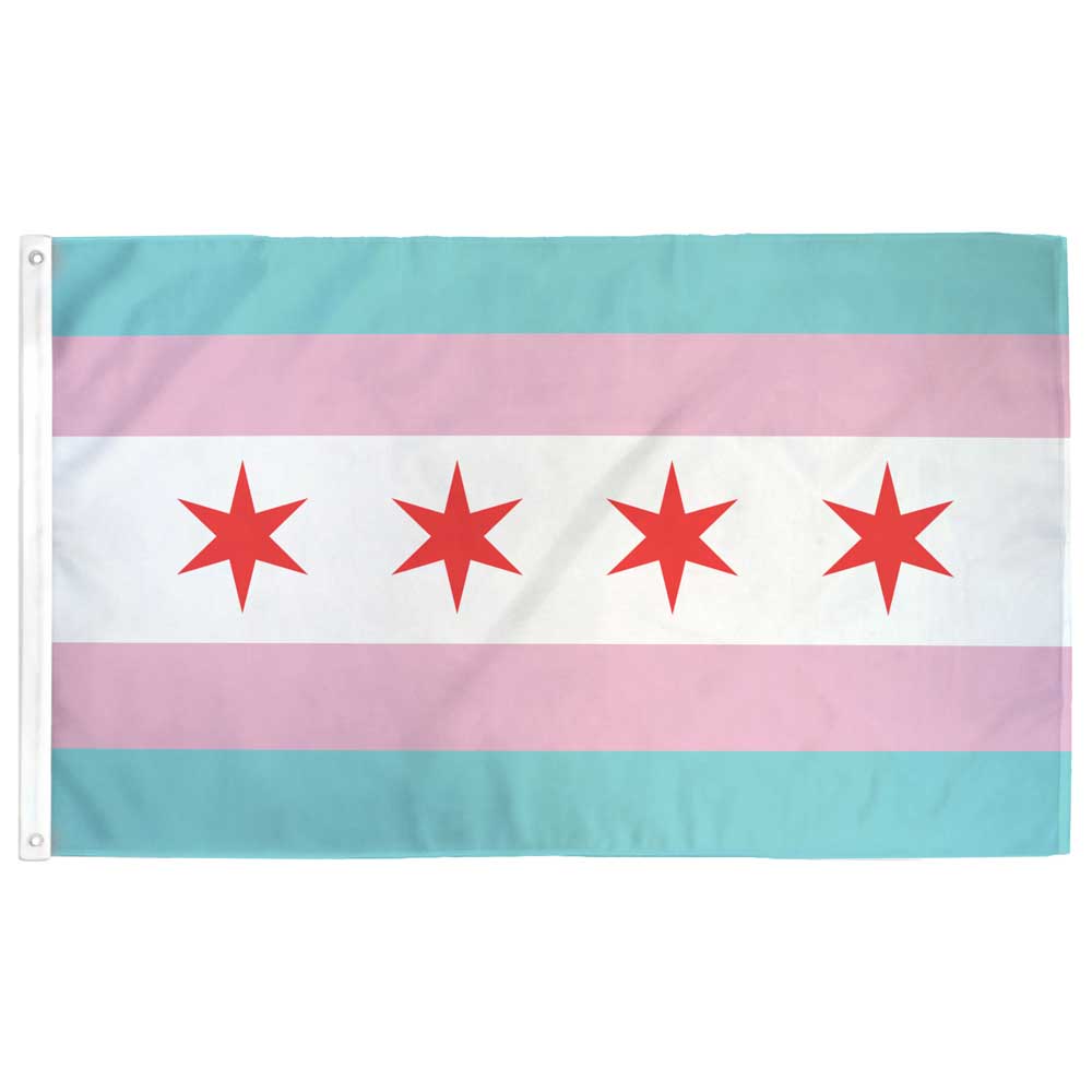 Chicago Transgender Pride Flag — Chicago stars-and-stripes design with pink, white, and blue trans pride stripes