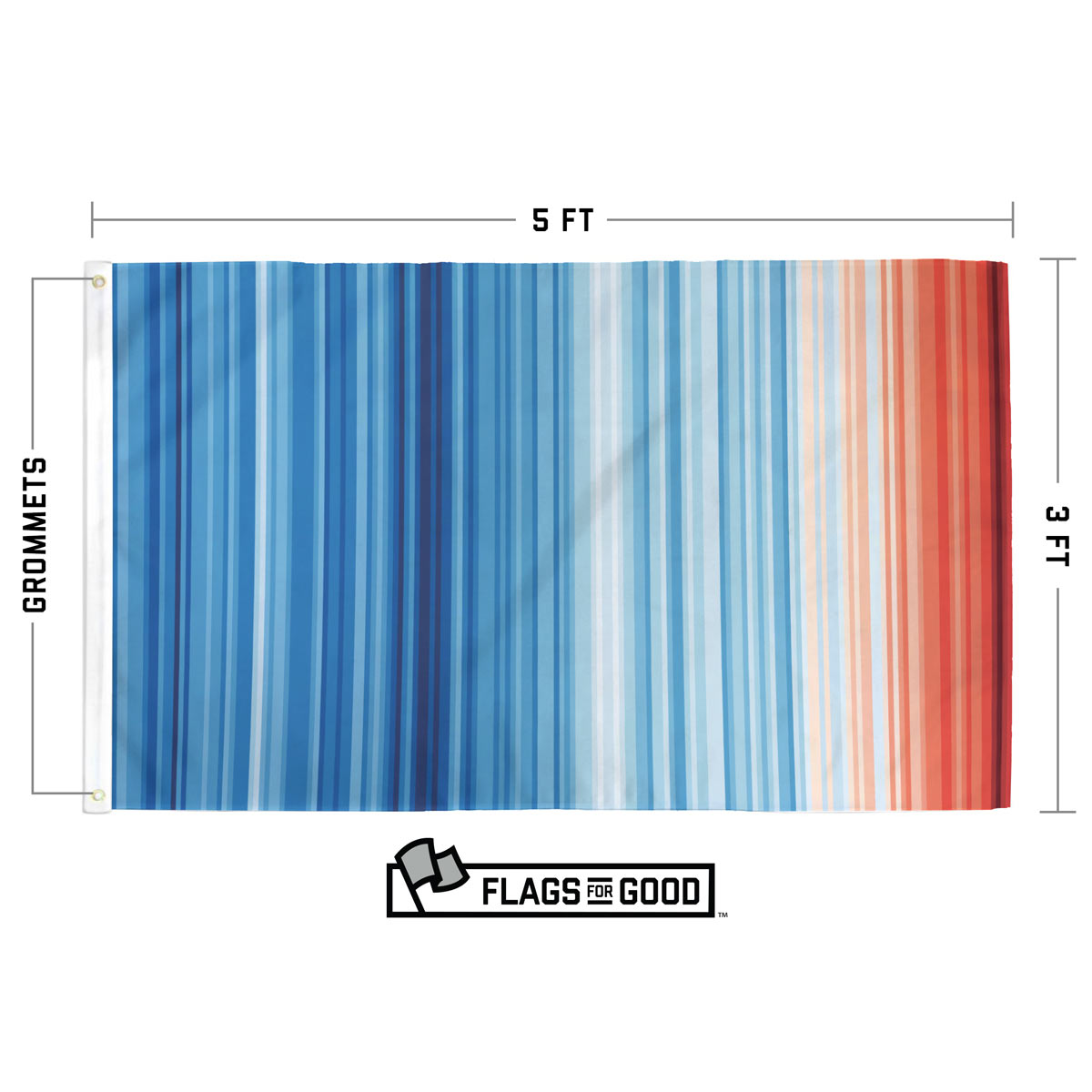Climate Warming Stripes flag — specs graphic showing size, material, and grommet details