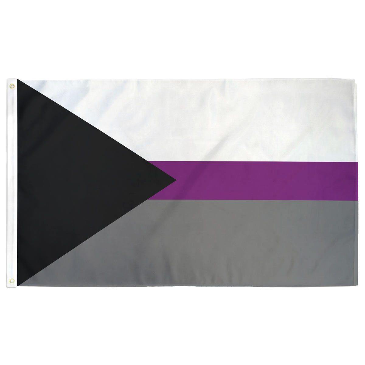 Demisexual pride flag — black, white, gray, and purple horizontal stripes with triangle