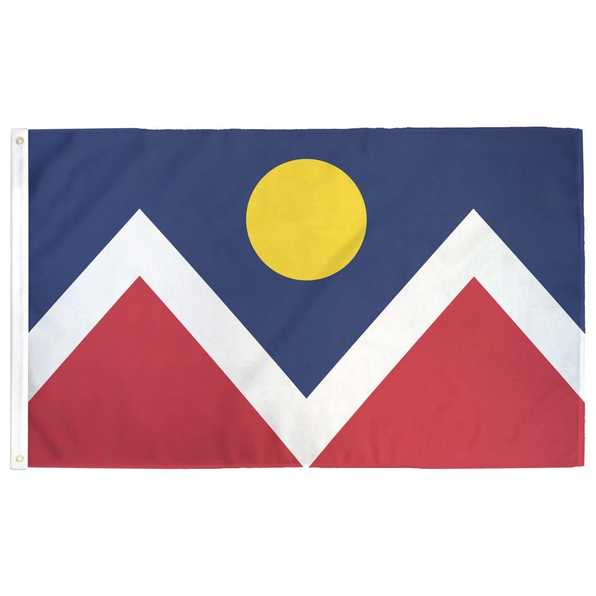 Denver city flag — red, blue, and yellow geometric design with zigzag stripe