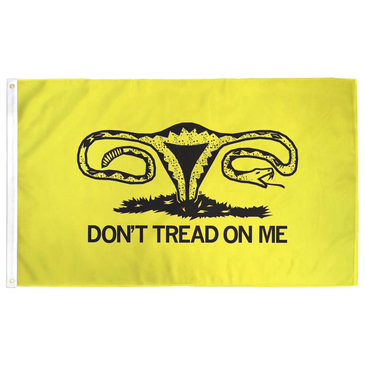 Don't Tread On Me Uterus Flag — yellow with uterus and snake design, grommets