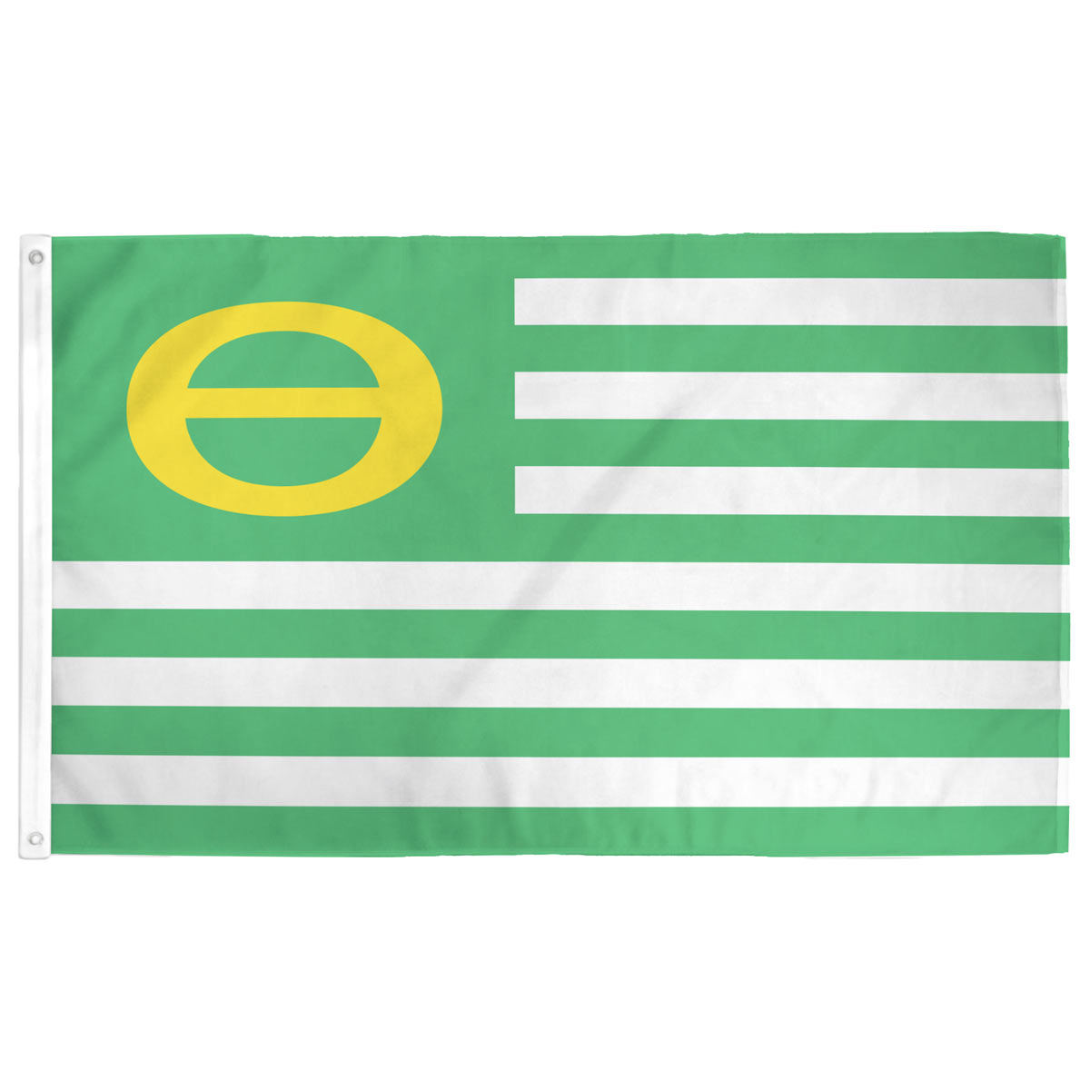 Ecology flag — green and white stripes with the combined e/o environmental symbol in the canton
