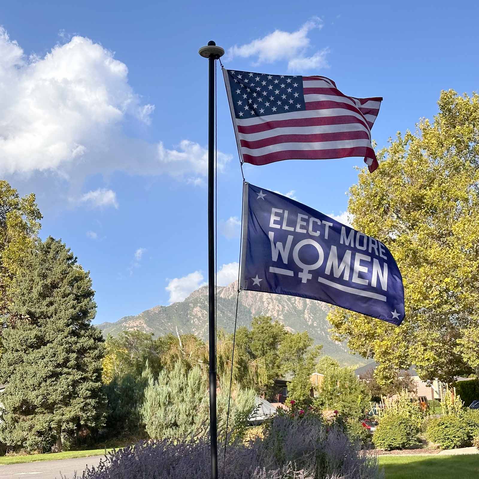 Elect More Women flag on a tall outdoor flagpole against open sky