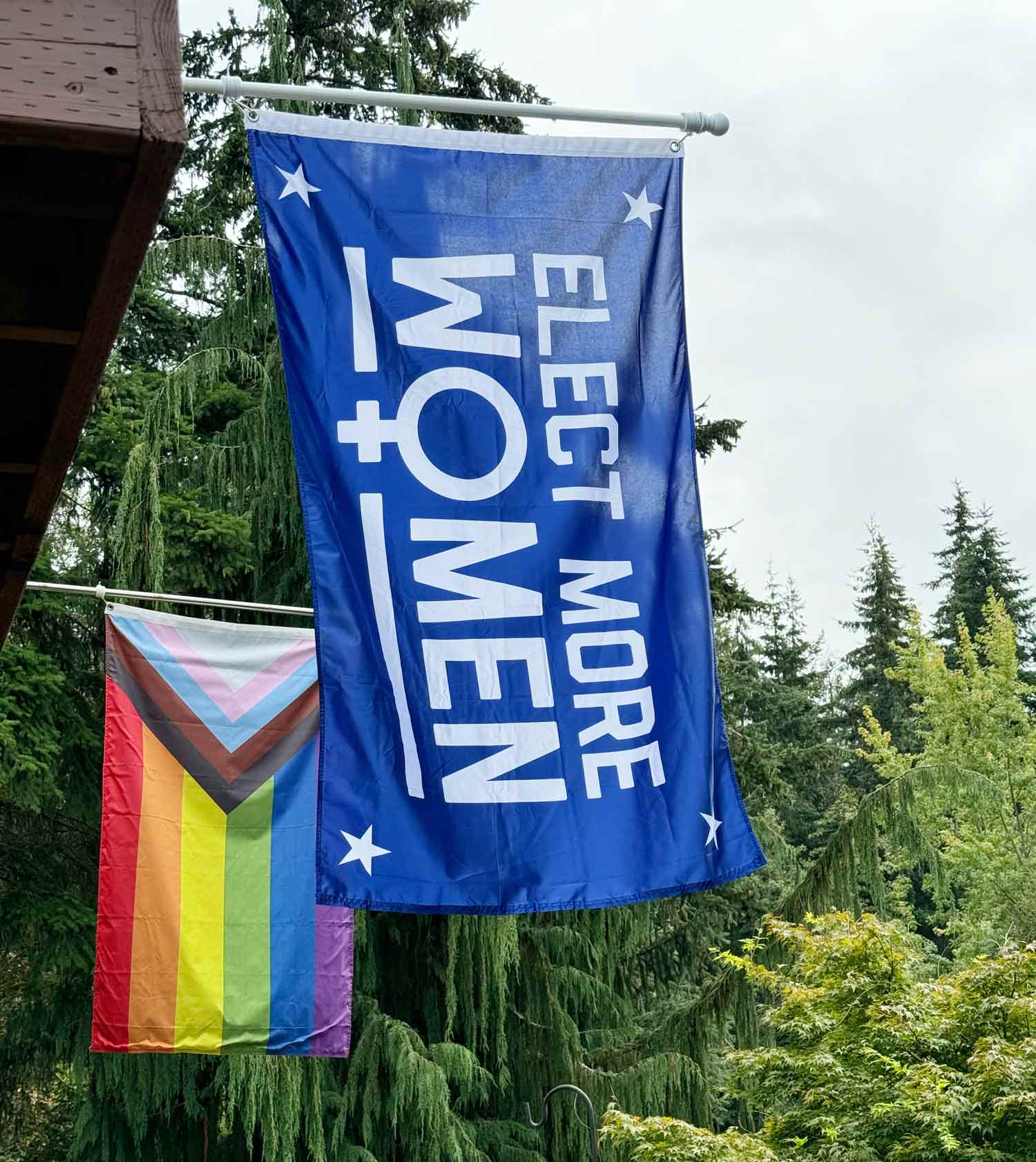 Elect More Women flag flying outdoors in natural light