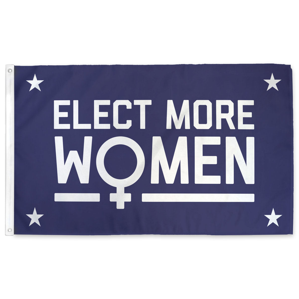 Elect More Women flag — blue with gold suffragist stars and bold white text, 3×5 ft with grommets