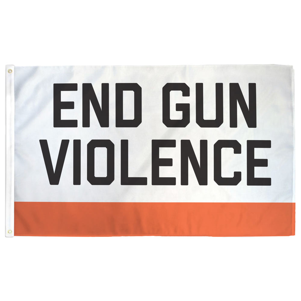 End Gun Violence flag — "END GUN VIOLENCE" in black on white field with orange stripe along bottom